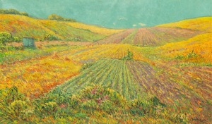 HENRIK VAN LERVEN (1875-1954), (haystacks in landscape), oil on canvas, signed lower right "Henri Van Lerven", ​​​​​​​60 x 100cm, 78 x 117cm overall.