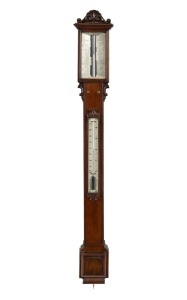 An antique English mercury stick barometer in rosewood case with shell scroll pediment and detachable mercury thermometer box. Ivory register plates with dual vernier adjustment, signed with maker's details "Loftus, 146 Oxford Street, London" (active at t