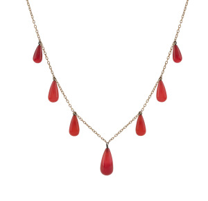 An antique 9ct rose gold and carnelian drop negligee necklace, early 20th century, 36cm long, 9.7cm grams including stones.