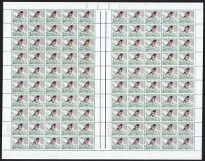 1966 (SG.396) 25c Scarlet Robin, complete sheet (100), with RP10/4 variety; superb MUH. The scarce format introduced for later printings.