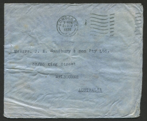 Aerophilately & Flight Covers: 27 November 1938 (AAMC.834) "Calpurnia" crash mail cover from London; addressed to Melbourne; accompanied by the "Partington" slip explaining the reason for the delay in the delivery of the mail.