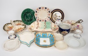Assorted antique and vintage porcelain, including savoury dishes, asparagus dish, majolica plate, ROYAL DOULTON candlesticks, vases, jardininere etc., other makers include ROYAL WORCESTER, COALPORT and BELLEEK, 19th and 20th century, (16 items).