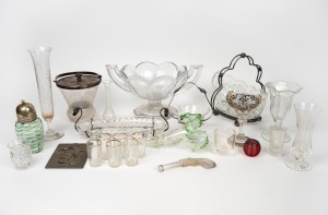 Assorted glass vases, dishes, bowls, ornaments, sugar caster, epergne trumpet etc., mixed vintage and condition, (qty), the largest 25cm high.