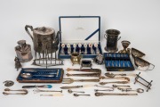 Assorted silver plated ware including novelty toast rack with archery theme, teapot, boxed cutlery etc., (qty).