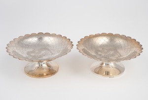 WING NAM & Co. antique Chinese export silver pair of bonbon dishes with engraved dragon decoration, 19th/20th century, stamped "W.N." with seal mark, 5cm high, 12.5cm wide, 224 grams.