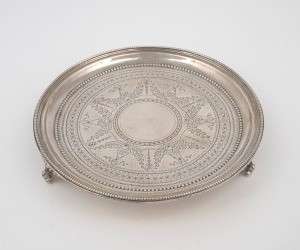 An antique English sterling silver calling card salver, by Martin, Hall & Co. of London, circa 1878, 16cm diameter, 191 grams.