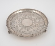 An antique English sterling silver calling card salver, by Martin, Hall & Co. of London, circa 1878, ​​​​​​​16cm diameter, 191 grams.
