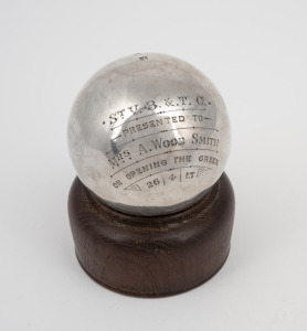 LAWN BOWLS Scottish sterling silver presentation "Jack" engraved "ST. V.B. & T.C. Presented To Mrs. A. WOOD SMITH On Opening The Green, 26/4/13", made in Glasgow, early 20th century, 6cm diameter, 262 grams.