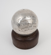 LAWN BOWLS Scottish sterling silver presentation "Jack" engraved "ST. V.B. & T.C. Presented To Mrs. A. WOOD SMITH On Opening The Green, 26/4/13", made in Glasgow, early 20th century, 6cm diameter, 262 grams.