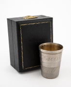"JUST A THIMBLE FULL" novelty oversized English sterling silver thimble in original fitted case, made in Birmingham, 20th century, ​​​​​​​5cm high, 36 grams.