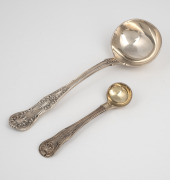 An antique King's pattern sterling silver sauce ladle, together with an antique sterling silver mustard spoon, 19th century, (2 items), 18cm and 11cm long, 116 grams total.