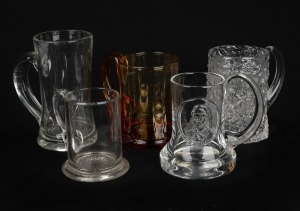 Five assorted glass tankards, including a WHITEFRIARS example designed by Baxter, the largest 16cm high.