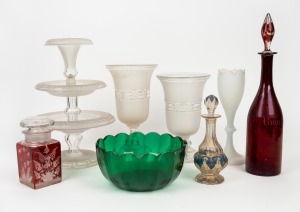 Antique and vintage glassware, comprising of a green glass bowl, ruby overlay pickle jar, blue and gilt overlay condiment jar, ruby glass rum decanter (A/F), a white glass mantle vase, a pair of frosted glass mantle vases and a centrepiece, (8 items), A/F