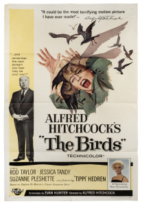 ALFRED HITCHCOCK - THE BIRDS: Original 1963 27 x 41" one-sheet U.S. theatrical release movie poster, note at lower right reads "Licensed for display only in connection with the exhibition of this picture at your theatre. Must be returned immediately there