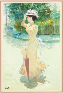 GERRARD LANTS (1927-1998), (lady in yellow dress), watercolour, signed lower left "Lants", ​​​​​​​53 x 35cm, 84 x 65cm overall.