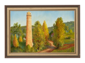 ARTIST UNKNOWN, Shot Tower, Taroona, Hobart, Tasmania, oil on linen laid down on board, signed lower right (illegible), 39 x 60cm, 49 x 70cm overall.