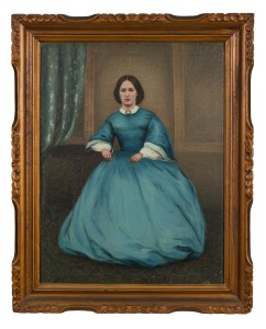 ARTIST UNKNOWN, (portrait of a lady in blue, 19th century), oil on card, 58 x 44cm, 72 x 57cm overall.