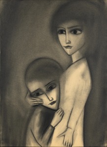 ROBERT HENRY (BOB) DICKERSON (1924 - 2015), untitled (Mother and child), charcoal on art paper laid down on card, signed "DICKERSON" lower right, 76 x 56cm, 99 x 78cm overall.