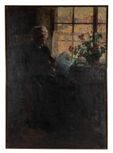 HELEN PETERS (1866-1923) (attributed), Eventide, oil on canvas, signed lower right, accompanied by a facsimile article from the Geelong Advertiser, dated Wednesday, 26th August 1903 "Exhibition of paintings. Miss Helen A. Peters work..... The lighting eff