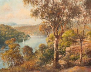 JOHN ALLCOT (1888-1973), (Hawkesbury River scene), oil on canvas, signed lower left "John Allcot", .59 x 74cm, 84 x 97cm overall.