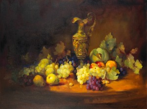 DUDLEY DREW (1924-2015), Still Life With Fruit On Polished Table, oil on canvas, signed lower right "Dudley Drew", titled verso with original purchase price ($4,500), 75 x 101cm, 98 x 123cm overall.