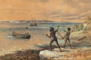 WILLIAM MacLEOD, (Britain, Australia, 1850-1929), (untitled) Aborigines watching the English come ashore in 1788, watercolour, signed lower left "W. MacLeod, 1899", 40 x 59cm, 63 x 80cm.