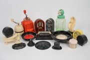 Assorted vintage bakelite and plastic items including coffee grinders, roulette wheels, reproduction radios, desk set etc., (qty).