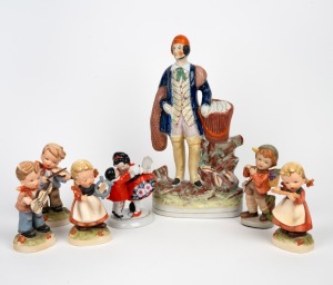 Seven assorted antique and vintage figurines, including STAFFORDSHIRE, Hummel style and German examples, A/F, the largest 33cm high.