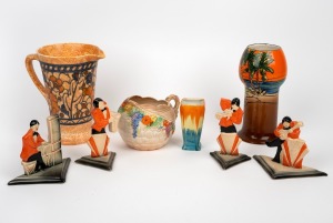 Assorted English Art Deco porcelain vases, jugs and figurines, including CHARLOTTE RHEAD and CARLTON WARE, mixed vintages, (8 items), the largest 19cm high.