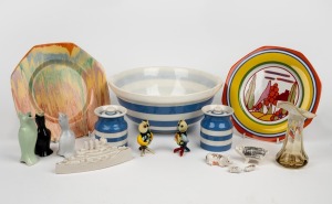 CORNISH WARE mixing bowl and two spice cannisters, CLARICE CLIFF Bizarre ware plate and a re-release "Fantasque" plate, pie funnels, souvenir porcelain, porcelain pig ornaments, glass owl ornaments and a glass Jack in the Pulpit vase, mostly 20th century,