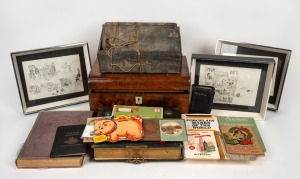 Antique mahogany writing box, antique photo album and an antique leather box; together with assorted books and ephemera, 19th and 20th century, (qty).