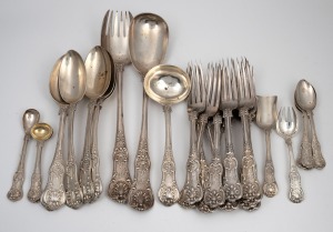 Antique English sterling silver king's pattern cutlery, including servers, ladle, spoons and forks, (30 items), 2,578 grams total.