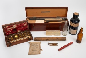 MEDICAL INTEREST including antique and vintage bottles, thermometers, blue glass "Pyrogallic Acid" jar, boxed medical equipment and a Sikes Hydrometer etc., 19th and 20th century, (qty).