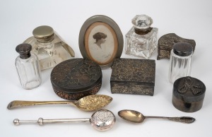Three vintage Japanese white metal jewellery boxes, inkwells, bottles, utensils and picture frame, mostly silver plate, 19th and 20th century, (12 items).