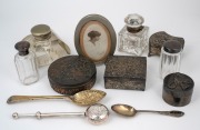 Three vintage Japanese white metal jewellery boxes, inkwells, bottles, utensils and picture frame, mostly silver plate, 19th and 20th century, (12 items).