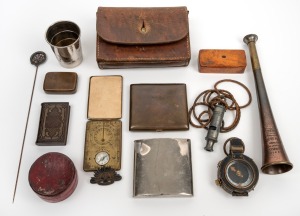 Military field compass, whistle, cigarette boxes, vestas, pocket sundial, collapsible cup, horn etc., 19th and 20th century, (14 items), the horn 23cm long.