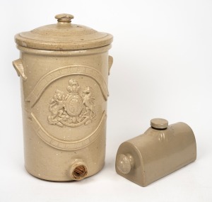An antique English "IMPERIAL FILTER" pottery water filter with lid; together with a stoneware bed warmer, 19th/20th century, (2 items), the water filter 41cm high.
