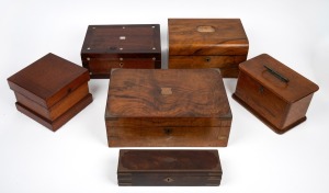 Collection of six assorted antique and vintage timber boxes, including English walnut work box, mahogany, oak etc., 19th and 20th century, the largest 35cm wide.