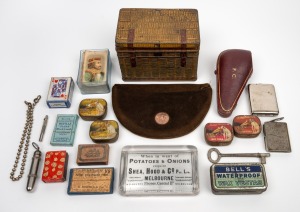 Antique Australian advertising glass paperweight, advertising tins, leather tobacco pouch with 9ct rose gold plaque, cigarette cards, miniature playing cards, vestas etc., 19th and 20th century, (qty), the paperweight 10.5cm wide.