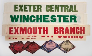 [RAILWAY INTEREST] Assorted English railway lithograph carriage destination signs; together with a group of N.Z.R. (New Zealand Railway) lithograph paper labels, (qty).