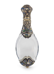 A Napoleon III antique French crystal snuff bottle with champleve enamel and silver gilt mounts, retaining original internal stopper, 19th century, 11.3cm high.