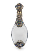 A Napoleon III antique French crystal snuff bottle with champleve enamel and silver gilt mounts, retaining original internal stopper, 19th century, 11.3cm high.