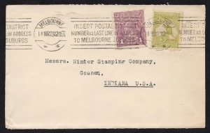 Kangaroos - Third Watermark: March 1923 usage of 3d Greenish-Olive (Die 2B) in combination with KGV 1d Violet paying the 4d rate on a cover from Melbourne to Goshen, Indiana, U.S.A.