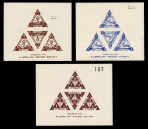 Aerophilately & Flight Covers - Rocket Mail: 13 June 1936 (AAMC.R6a) sheetlet of 4 brown "RT6" vignettes; March 1937 (AAMC.R9b) sheetlet of 4 blue "RO3" vignettes; and March 1937 (AAMC.R10b) sheetlet of 4 brown "RZ2" vignettes; all with full unmounted ori