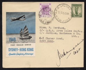 Aerophilately & Flight Covers: June 1949 (AAMC.1218) Sydney - Hong Kong QANTAS first flight cover with attractive vignette and signed by the pilot, Captain J.M. Humphries.