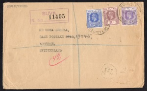 FIJI: Dec.1932 registered cover from SUVA to SWITZERLAND with KGV 1d violet, 3d bright blue and 6d dull & bright purple tied by cds's; with LUZERN arrival b/stamp.