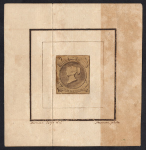 NEW SOUTH WALES: UNADOPTED STAMP DESIGN PROPOSAL: circa 1885 essay incorporating a profile head of Queen Victoria with the words "CAMBRIA NOVA AUSTRALIS" (New South Wales) and "POSTAGE ONE SOVEREIGN" in ribbons at top and base The design measures 22 x 26m