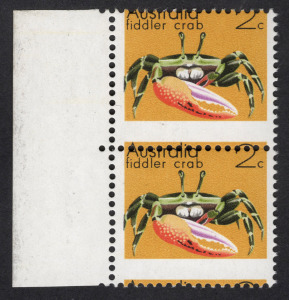 1973 (SG.546) 2c Fiddler Crab, vertical pair with left margin, both units with dramatically misplaced horizontal perfs. (2) MUH. BW:637ba.
