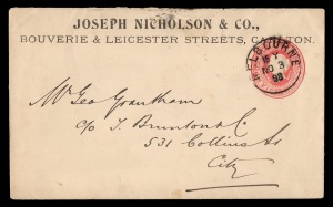 VICTORIA - Postal Stationery: AGRICULTURAL EQUIPMENT ADVERTISING: Nov.1898 usage of a 2d Embossed PTPO Envelope for JOSEPH NICHOLSON & CO (Bouverie & Leicester Streets, Carlton), the reverse featuring a detailed illustration of the company's motorized com