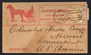 SOUTH AUSTRALIA - Postal History: ADVERTISING COVER: Nov.1899 usage of 2d + &frac12;d adhesives on an illustrated cover from Adelaide to Connecticut, USA; with illustration front and back for CLARKE BROS., Coach Builders, Franklin Street, Adelaide. (part back fl